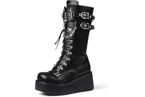 Yremael Women's Black Platform Boots Wedge Combat Gothic Chunky Heel Lace Up Mid Calf Punk Motorcycle Shoes