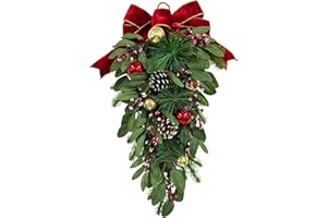 SVNDLYN Christmas Swag Lighted Artificial Christmas Teardrop with Timer Glitter Ball Ornaments Snow Flocked Pine Cones Needles Red Berries and Eucalyptus Leaf Holiday Winter Decorations for Door Wall Mantel