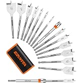 EZUVITA 14-Piece Spade Drill Bit Set, 1/4"-1-1/2" Paddle Bits | 6" Tool-Free Quick-Change Extension, Heat-Treated Carbon Steel, Three-Point Cross Cutter, 1/4" Hex Shank,Storage Pouch