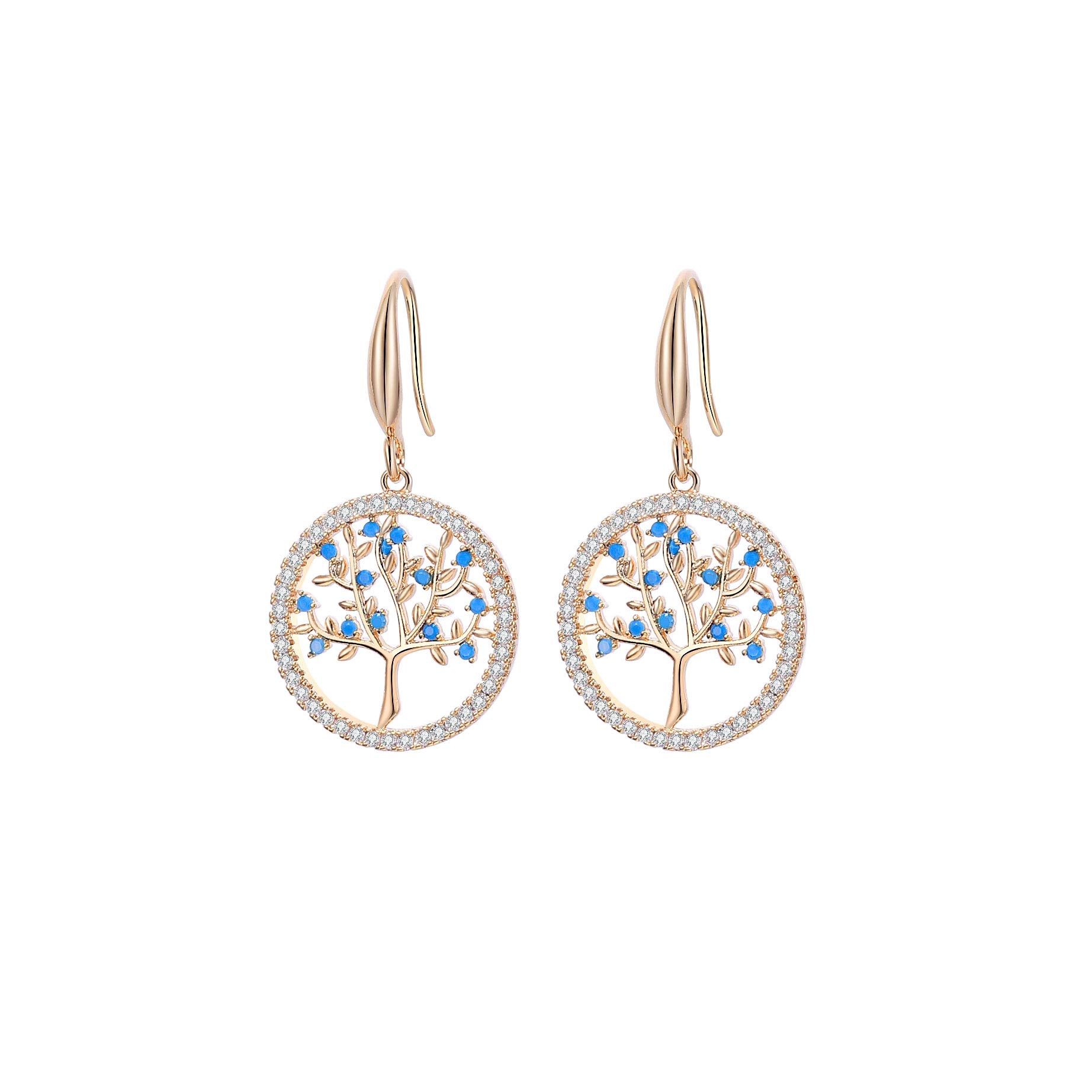 Tree of Life Dangle Hook Earrings Full Cubic Zirconia Unique Blue Leaves Exquisite Jewelry for Women's Gifts