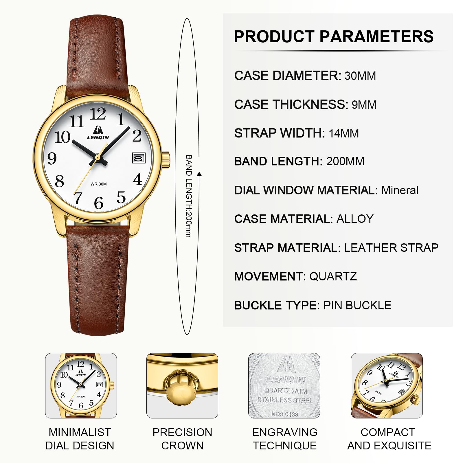 LN LENQIN Ladies Watches Analog Quartz Watch for Women Waterproof Women's Wrist Watches Easy Reader Womens Watch with Leather Strap