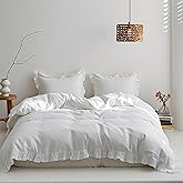Simple&Opulence 100% Linen Duvet Cover Set, 3 PCS Natural French Flax White Ruffle Duvet Cover Queen Size, Breathable Comfy Linen Bedding Comforter Cover with 2 Pillowcases (White, 88" X 92")