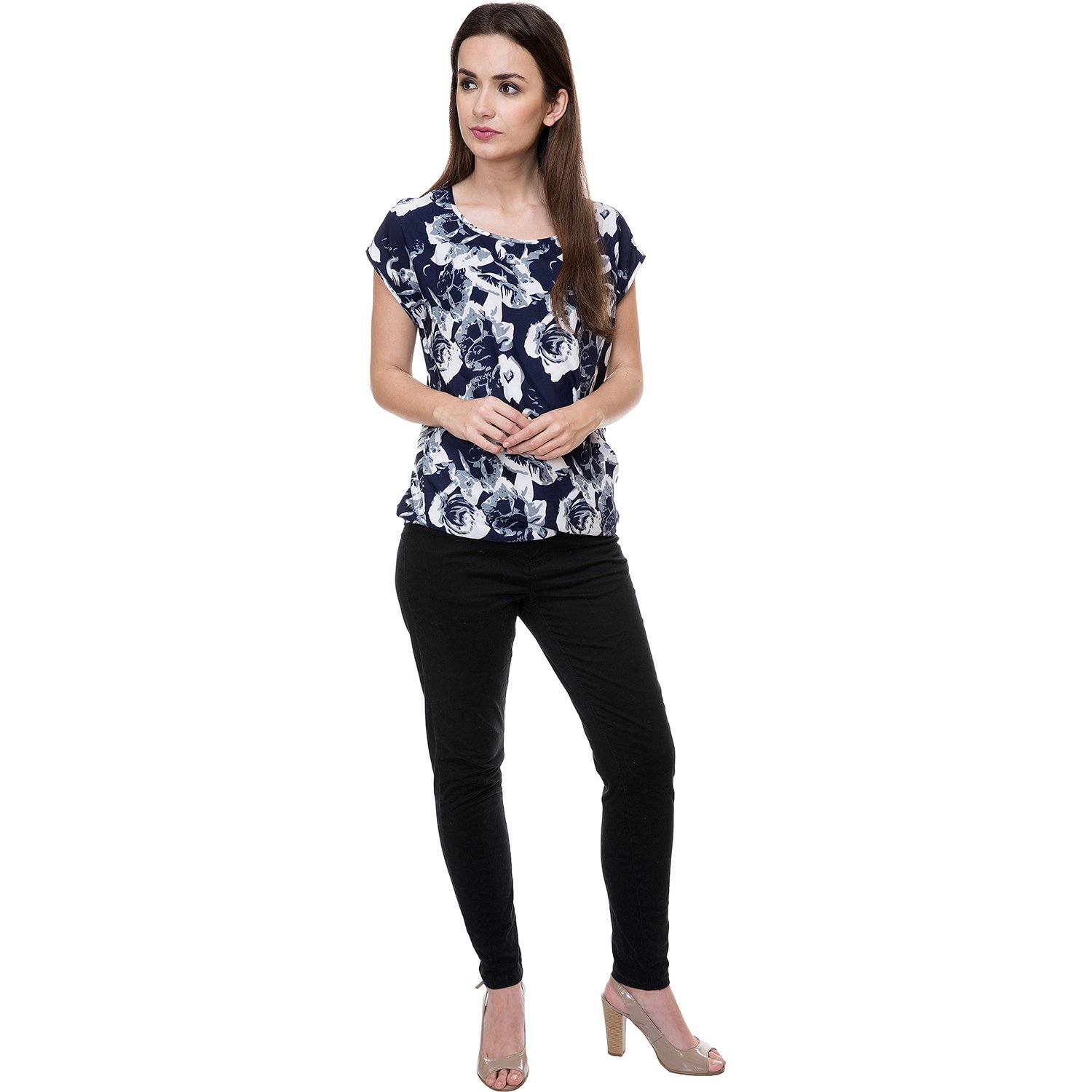 deewa blue & white polycrepe round neck casual tops for women