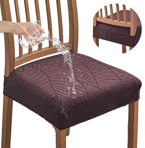 FUANGUI Dining Chair Covers Set of 8, Waterproof Stretch Jacquard Removable and Washable Chair Seat Covers, Protector Chair Cushion Kitchen Dining Home Slipcovers(8 Pack), Brown