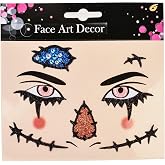 Halloween Face Art Decor Kit, Glitter Scary Scarecrow Design, Costume Accessory with Blue and Pink Accents (Black Red Blue)