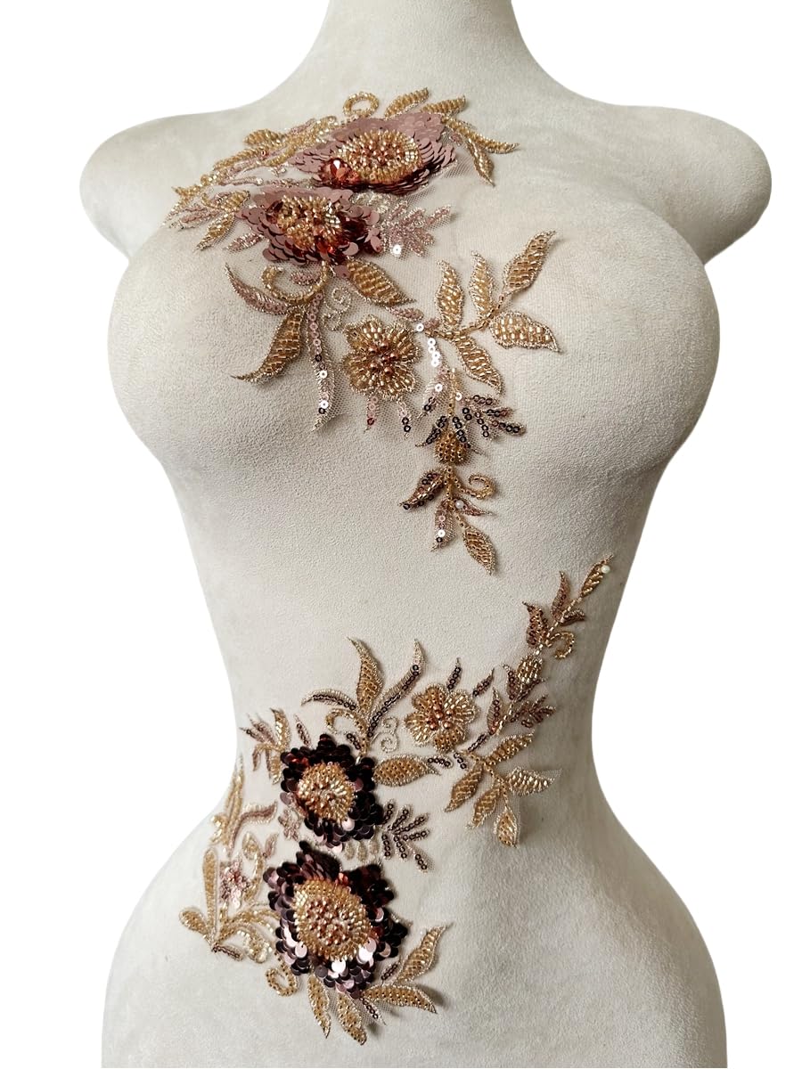 Photo 1 of wtbv.n Sewing Beads lace Applique one Pair sew on Pearl Trimming Patch Decorative Accessories for Clothes 2pieces/Bag 11.8X7.08inches (Champagne)