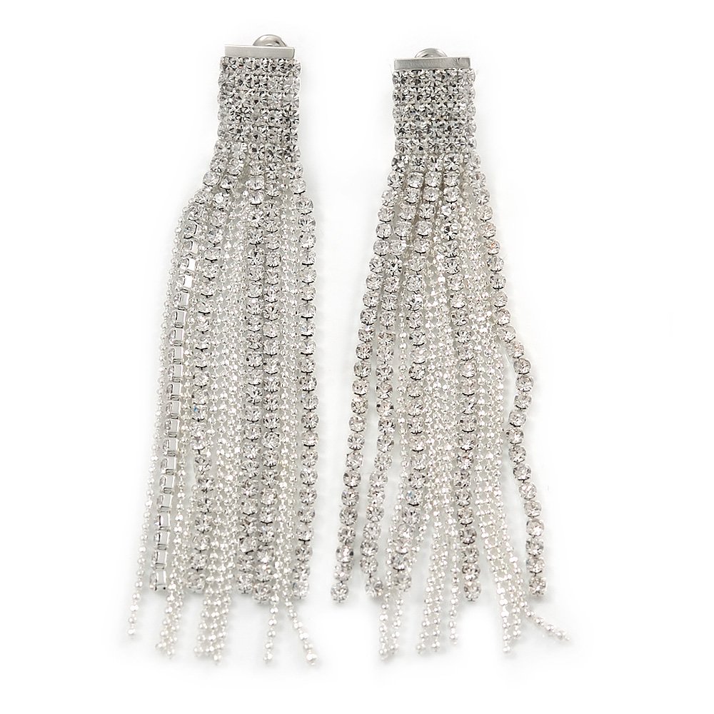 Statement Clear Crystal Tassel Drop/Chandelier Earrings/Silver Tone/ 80mm L