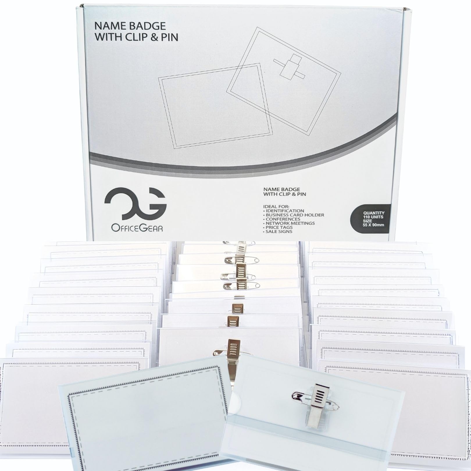 OfficeGear Name Badges with Clip and Pin (110 Pack) ID Tag Name Badge Holder with Inserts for Conference Corporate Event Networking School Meeting – 90mm x 54mm Lombardi Smith