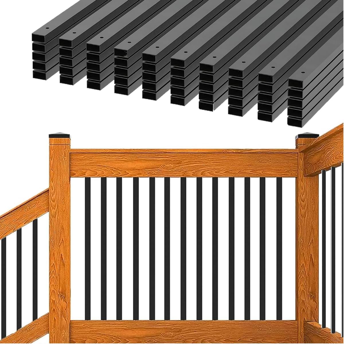 Photo 1 of 100 Pack Deck Balusters 32 '' Straight Baluster, Black Metal Deck Spindle and Stairs Railing with Screws,Hollow Rectangle Deck Balusters for Deck Railing Porch(32 x1.2x0.4 in)