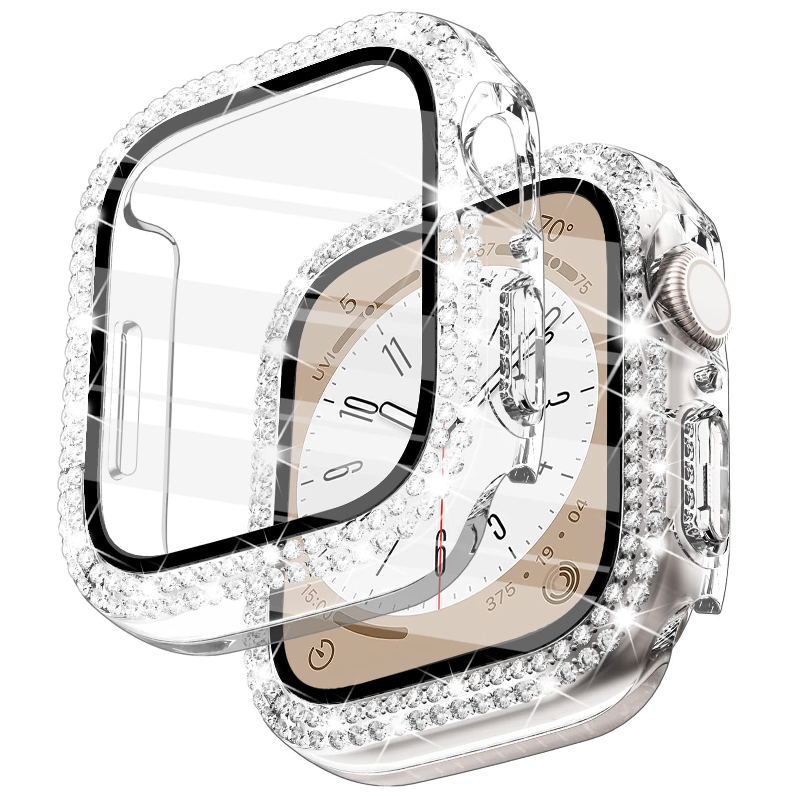 WINGLE Compatible with Apple Watch Screen Protector 45mm Series 9 8 7, Women Shiny Diamond Cover with Tempered Glass Screen Protector for Apple Watch Case 45mm, Clear