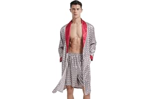 Haseil Men's Luxurious Kimono Robe with Shorts Silk Satin Bathrobes Lightweight Long Sleeve Sleepwear Set