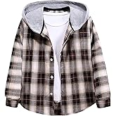 Geckatte Kids Boys Girls Button Down Shirts Long Sleeve Lightweight Plaid Hooded Flannel Shirt Cute Tops