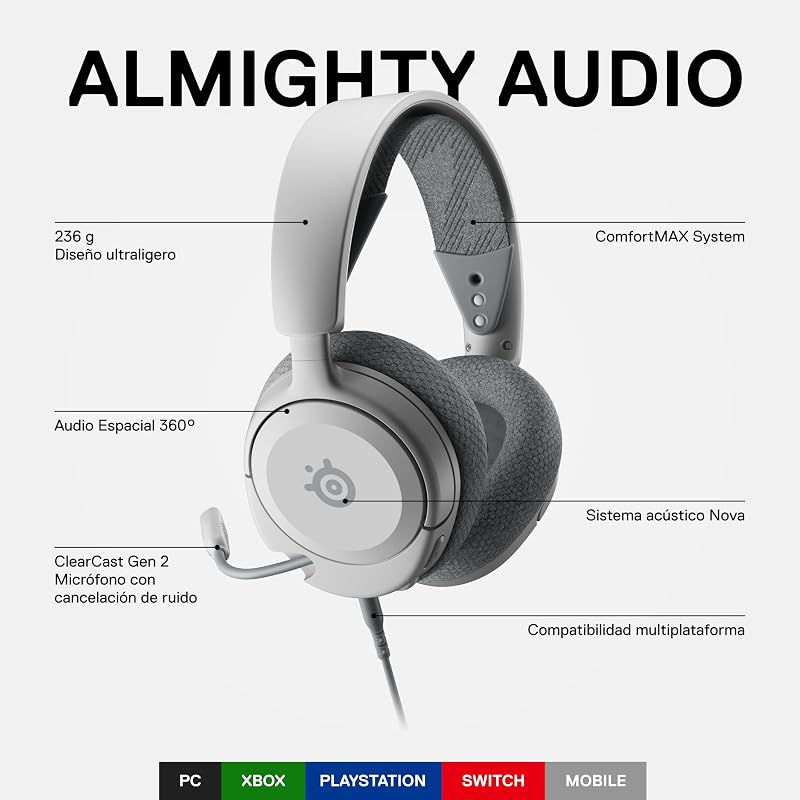 Arctis Nova 1 - Auscultadores de gaming multi-sistema, drivers de alta fidelidade, áudio espacial a 360°, design confortável, microfone durável, ultra-leve e com cancelamento de ruído, PC,
