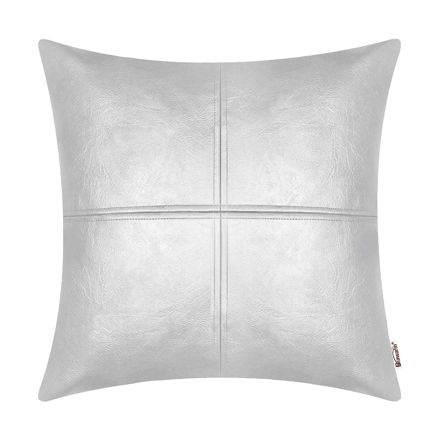 BRAWARM Decorative Throw Pillow Covers, Faux Leather Throw Pillow Covers, Hand Stitched Faux Leather Couch Cases for Living Room Garden Bed, Sliver, 45cm x 45cm
