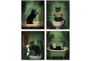 Funny Black Cat Bathroom Wall Art Decor Set of 4, Funny Black Cat Reading on Toilet Bathtub Posters Wall Art, Green Leaves Bo