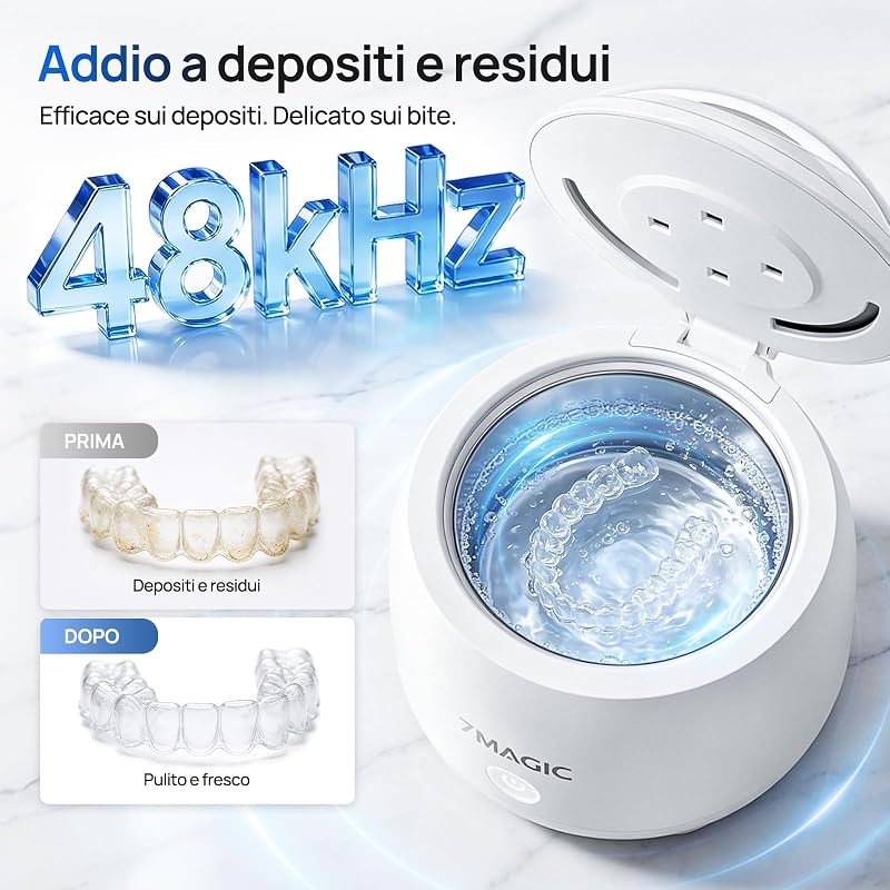Pulitore ultrasuoni per bite dentale, 48 kHz, UV-C, Bianco