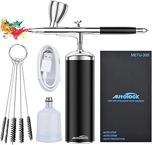 Autolock Upgraded Airbrush Kit with Air Compressor, Portable Cordless Auto Airbrush Gun Kit, Rechargeable Handheld Airbrush Set for Makeup, Cake Decor, Model Coloring, Nail Art, Tattoo, Black
