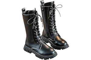 Girls Lace Up Riding Boots, girls white boots, Waterproof PU Leather Fashion Side Zipper Punk Goth Boot 4-12 Years, Mid Calf 