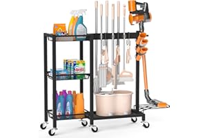 FLOUREE Cleaning Supplies Organizer with Broom Holder Load 350 LBS Cleaning Cart with Wheels Broom Closet Storage with 3-Tier Shelves, 6 Mop Hanger Grippers, 3 Double-Hooks, Vacuum Stand for Laundry Garage