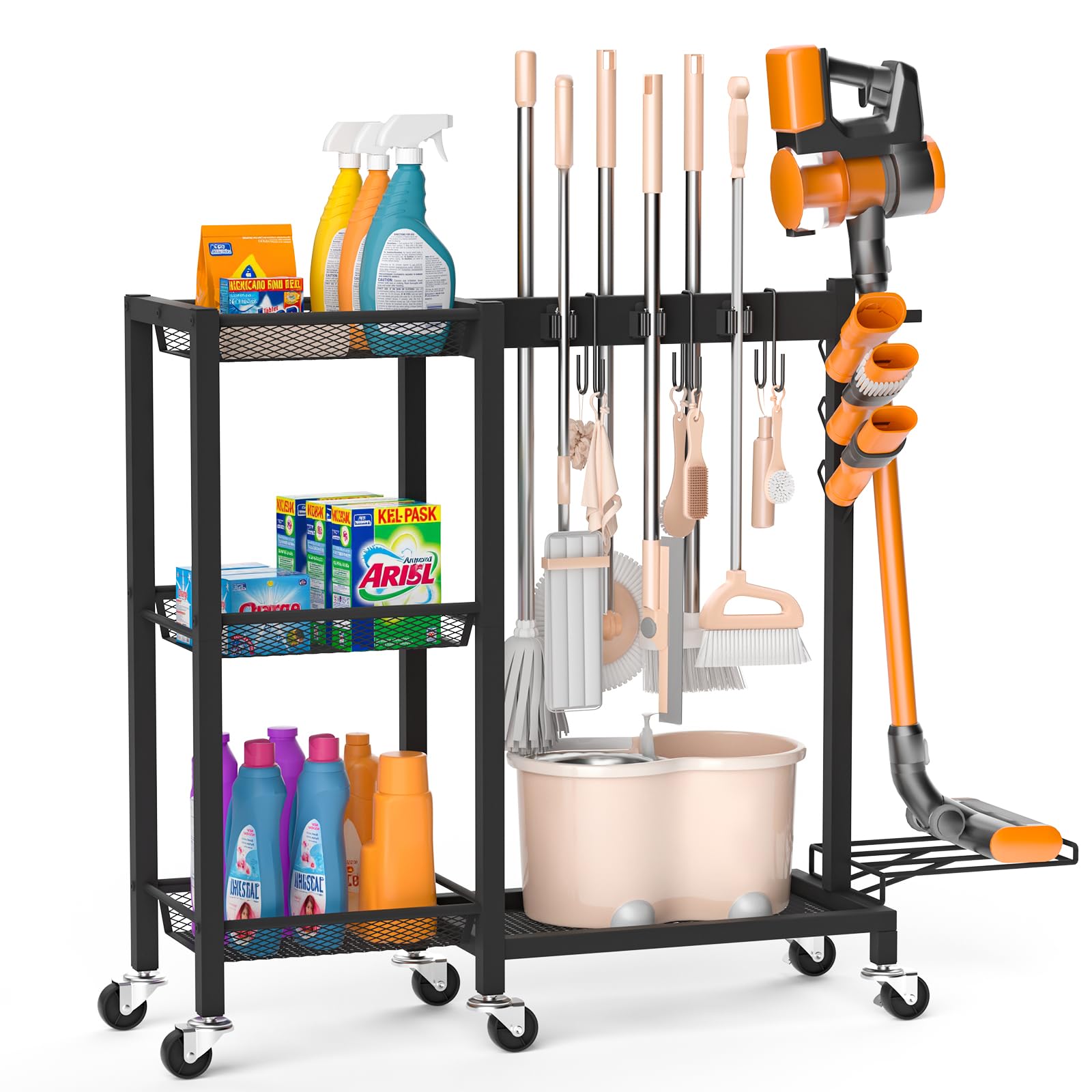 Photo 1 of Broom Holder with Cleaning Supplies Organizer Load 350 LBS Cleaning Cart with Wheels Broom Closet Storage with 3-Tier Shelves, 6 Mop Hanger Grippers, 3 Double-Hooks, Vacuum Stand for Laundry Garage