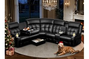 TOMOSLTER Leather Sectional Couches for Living Room, L Shaped 5 Seats Reclining Sectional Sofa with Massage, USB & Console, Manual Recliner Corner Couch with Flip-Down Backrest & Cup Holders, for Home Theater