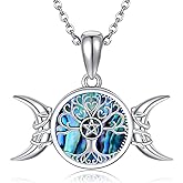 AXOMY Triple Moon Goddess Necklace 925 Sterling Silver Pentagram Pentacle Pendant Tree of Life Jewelry for Women