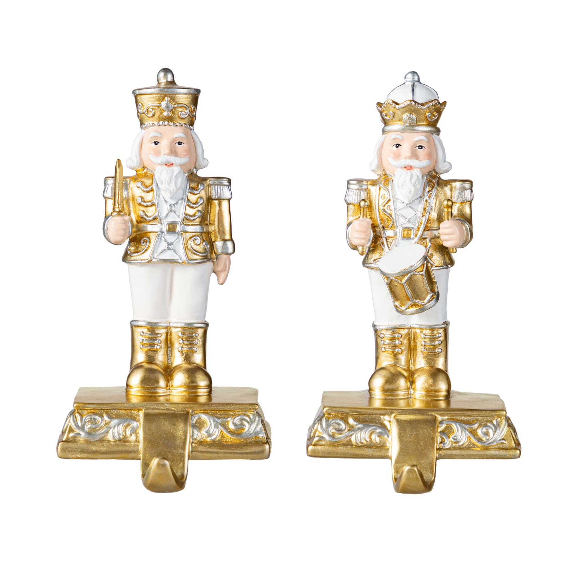 Photo 1 of ***ONE BROKEN FROM THE BASE*** Glitzhome Nutcracker Christmas Stocking Holders, Set of 2 Gold and White Polyresin Mantel Hooks for Fireplace, Holiday Decor with Non-Slip Base