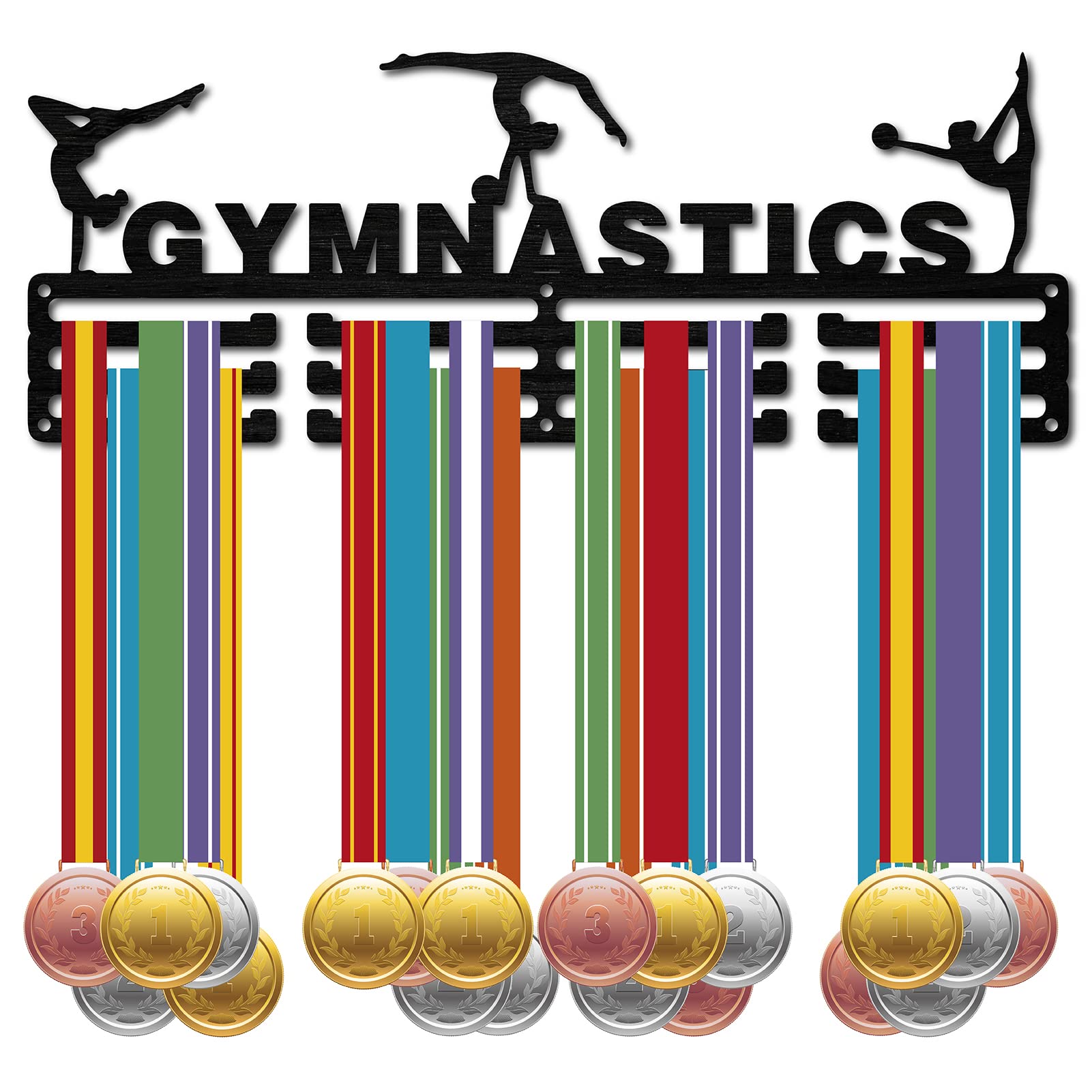CREATCABIN Gymnastics Medal Holder Display Hanger Sports Awards Stand Wall Rack Mount Hanger Decor Black Wood Medal Holders for Home Badge 3 Lines Over 60 Medals Athletes Players Gift