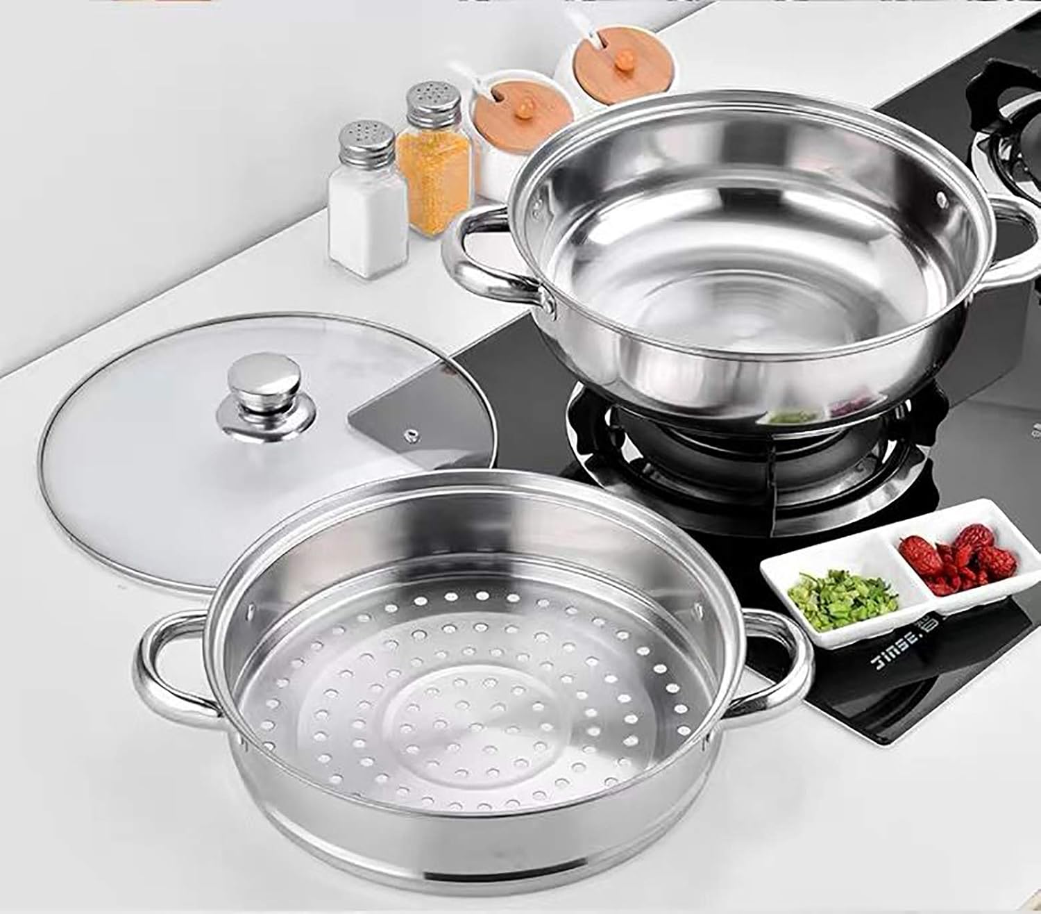Steamer Pot Stainless Steel 2 Tier - 28cm Steamer Pot w/Glass Lid Food Veg Cooker Pot Cooking Pan Steaming Pot Dim Sum Cookware Steamer For Kitcken Cooking Tool: Kitchen & Dining