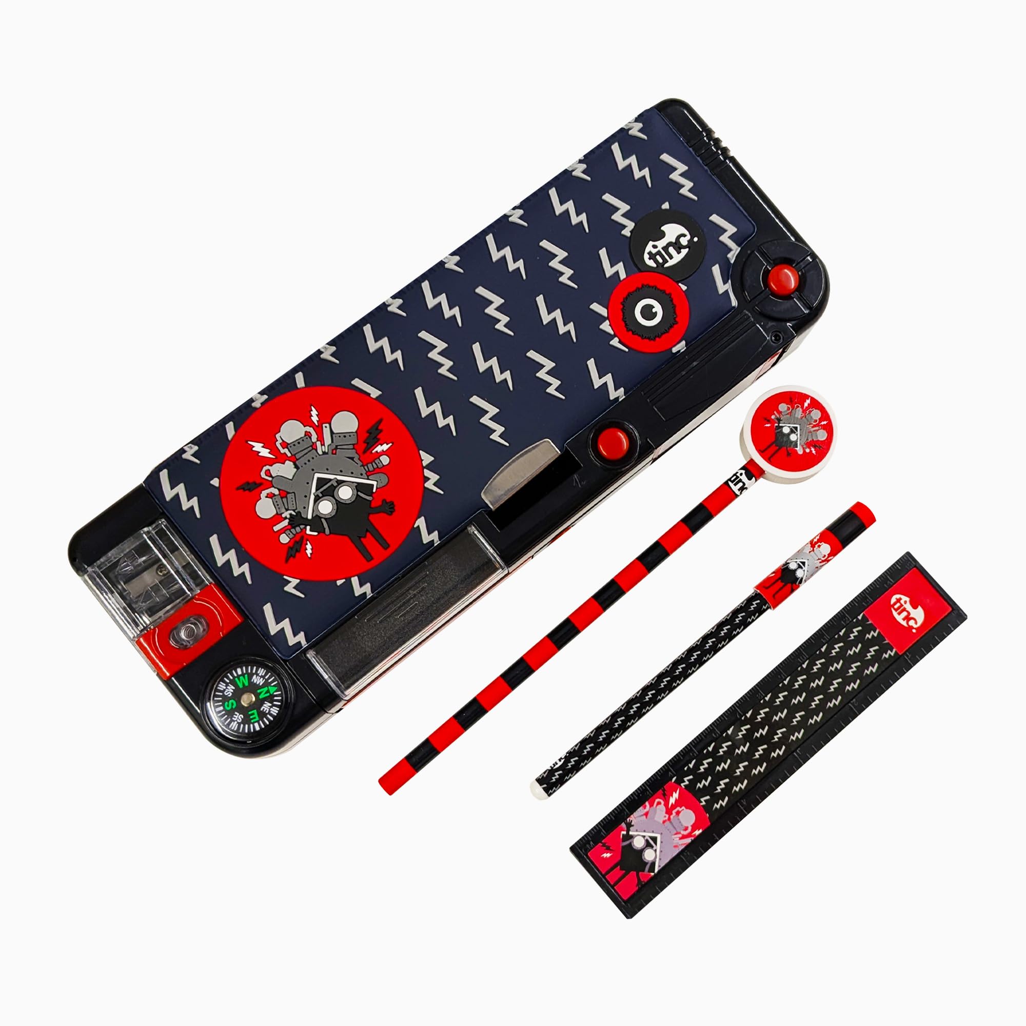 Tinc Kronk Character Pop Out Pencil Case Black | Pop Out Compartment with Push Button | Includes Pencil with Eraser Topper, Ballpoint Pen & 15cm Ruler | 3 Compartments | For School