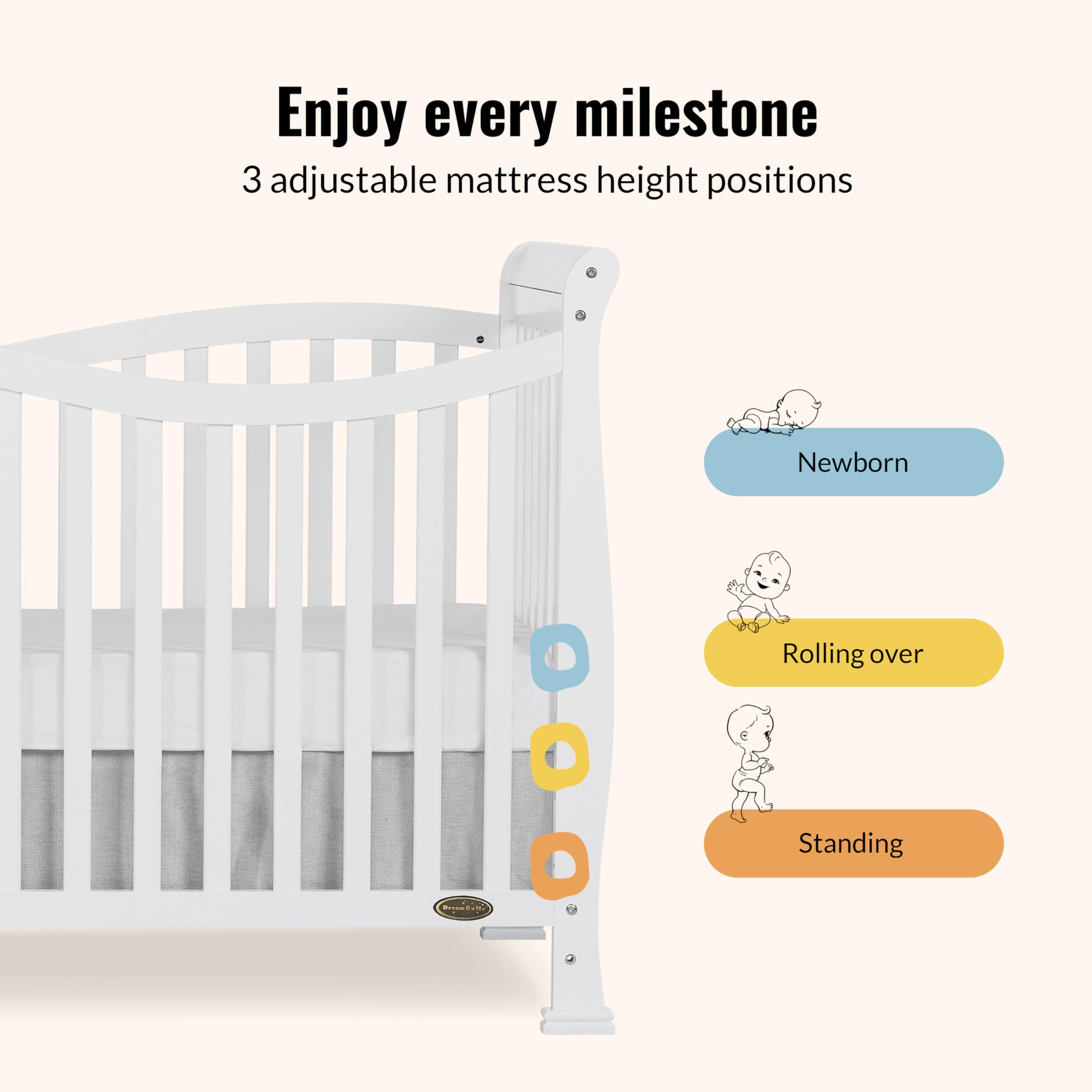 Dream On Me Violet 7-In-1 Convertible Life Style Crib In White, Greenguard Gold Certified, 4 Mattress Height Settings, Made Of Sustainable New Zealand Pinewood
