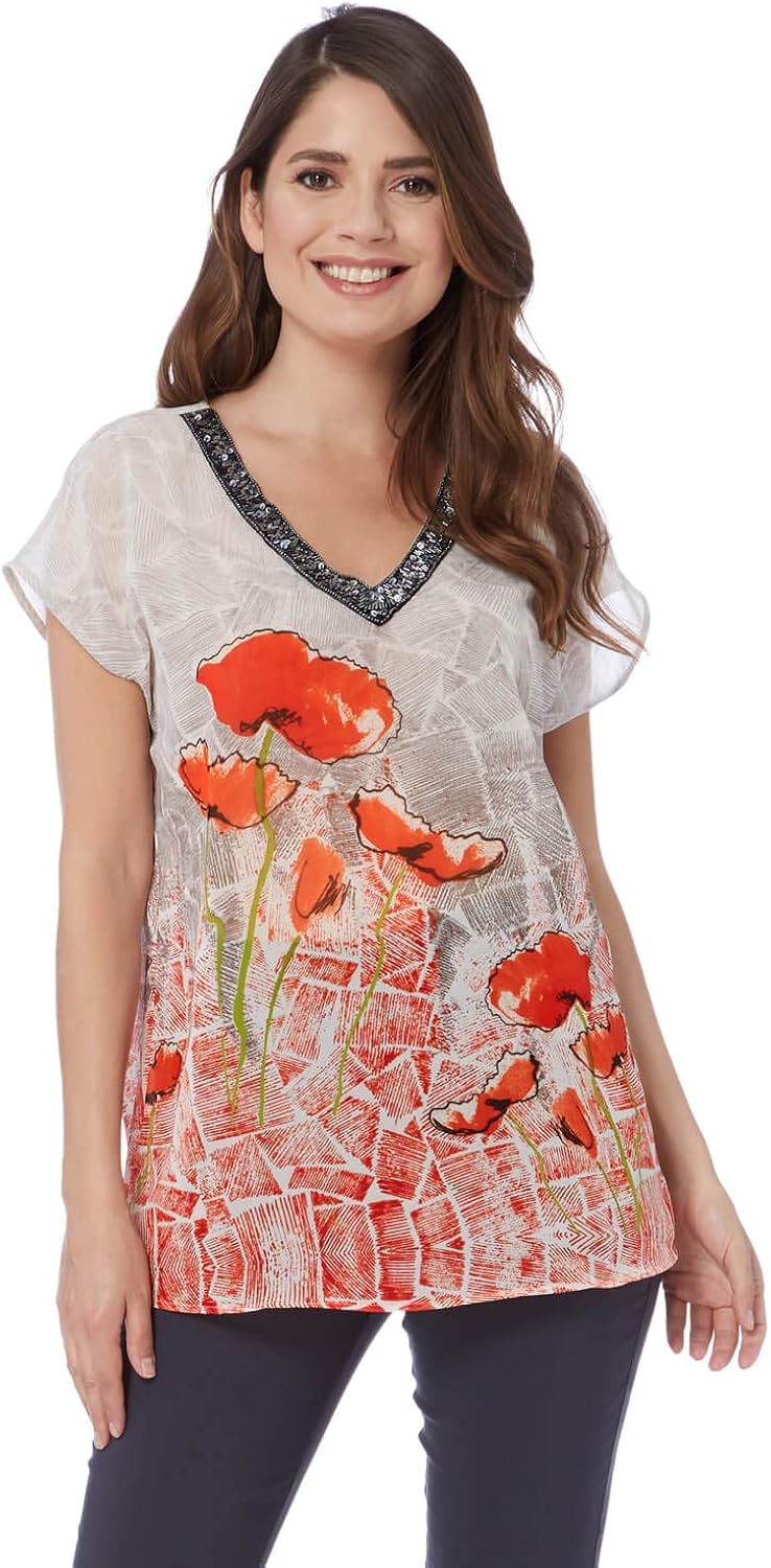 Roman Originals Women Poppy Print VNeck Top Ladies Loose Tops for