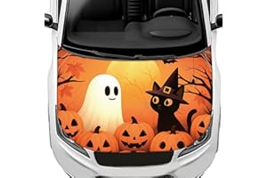 SINBANA Halloween Car Hood Cover, 59.06x47.24in Car Bonnet Hood Cover Wraps with Ghost Black Cat Pumpkin Bat Moon Dead Branches Patterns and Safety Fasteners Accessories for Halloween Auto Exterior Decoration