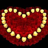 Childom Valentines Day Decorations,Red Rose Petals and Candles Set,1000 Pcs Fake Rose Petals with 24 Pcs LED Heart Candles,Silk Roses Petals for Romantic Night Decorations for Bedroom,Welcome Home