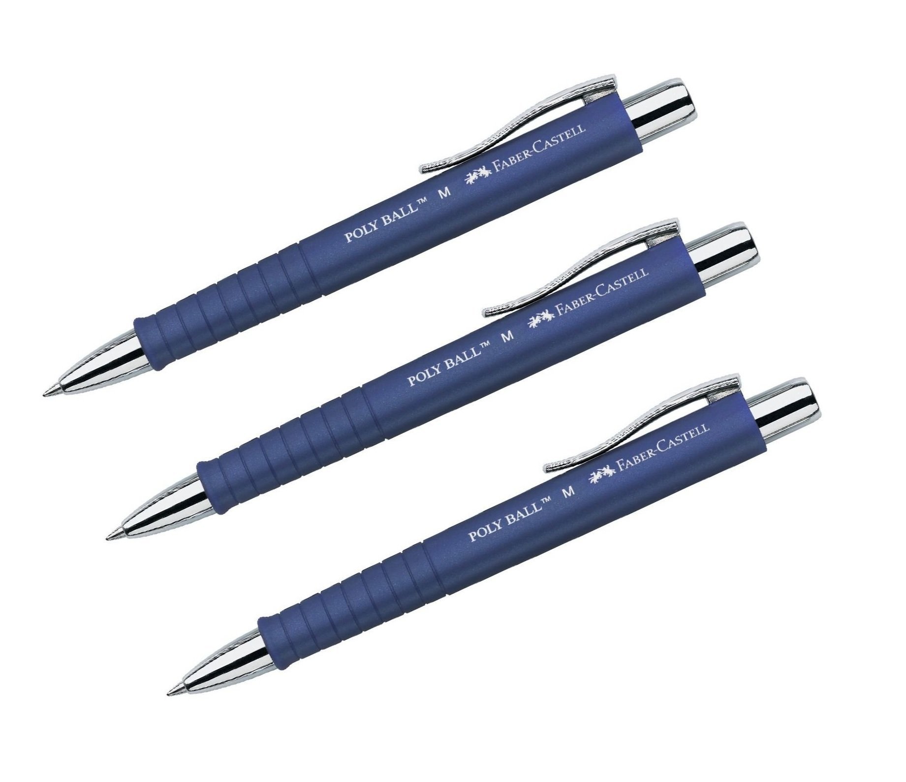 Faber-Castell Poly Ball 241151 Blue Retractable Ballpoint Pen with Large Capacity Refill, 0.5 mm M, Ergonomic Triangle Shape, Non-Slip Barrel, Metal Clip, Indelible, Blue - Pack of 3