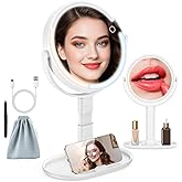 HUNCAB Makeup Mirror with Lights, 4000mAh Rechargeable Magnifying Mirror with 3 Colors Lights and Adjustable Brightness, 15X/1X Makeup Mirror, Height and 360°Adjustable, Valentine's Gifts for Women