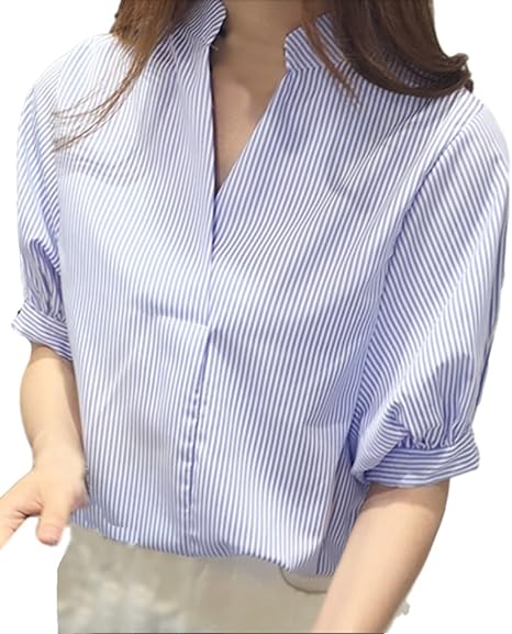 Amazon プレイズショパン ストライプ 五分袖 シャツ Tシャツ レディース 半袖 背中 ボタン カットソー 春 夏 秋 M ブルーストライプ シャツ ブラウス 通販