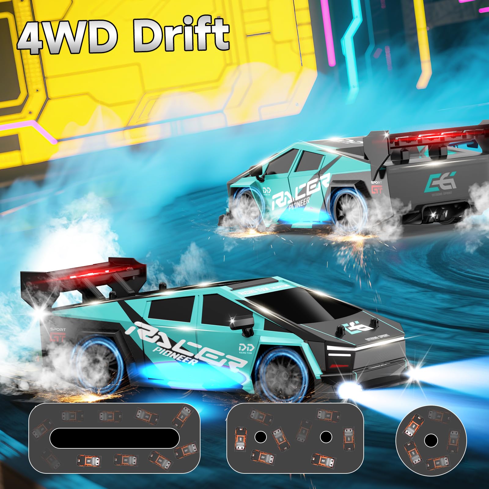 BIAOQINBO Ferngesteuertes Auto Drift, 1:24 RC Drift Car 1000 mAh, 20KM/H, 4WD, 2,4 GHz Ferngesteuert Rennauto, mit LED-Leuchten Rennspielzeug Geburtstagsgeschenke für ab 8 Jahren Kinder (Türkis) 3
