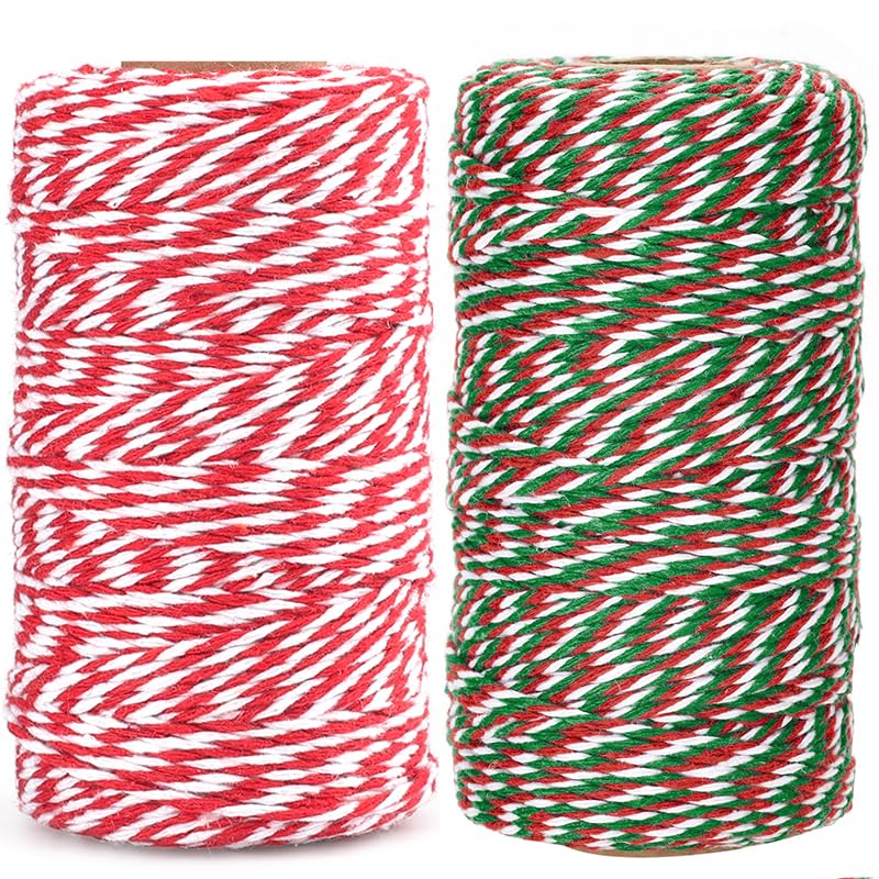 G2PLUS Christmas Twine Red White and Green Red White: 2mm Cotton String for Gift Wrapping, Holiday Crafts, DIY Tags and Xmas Decorations, 2x100M