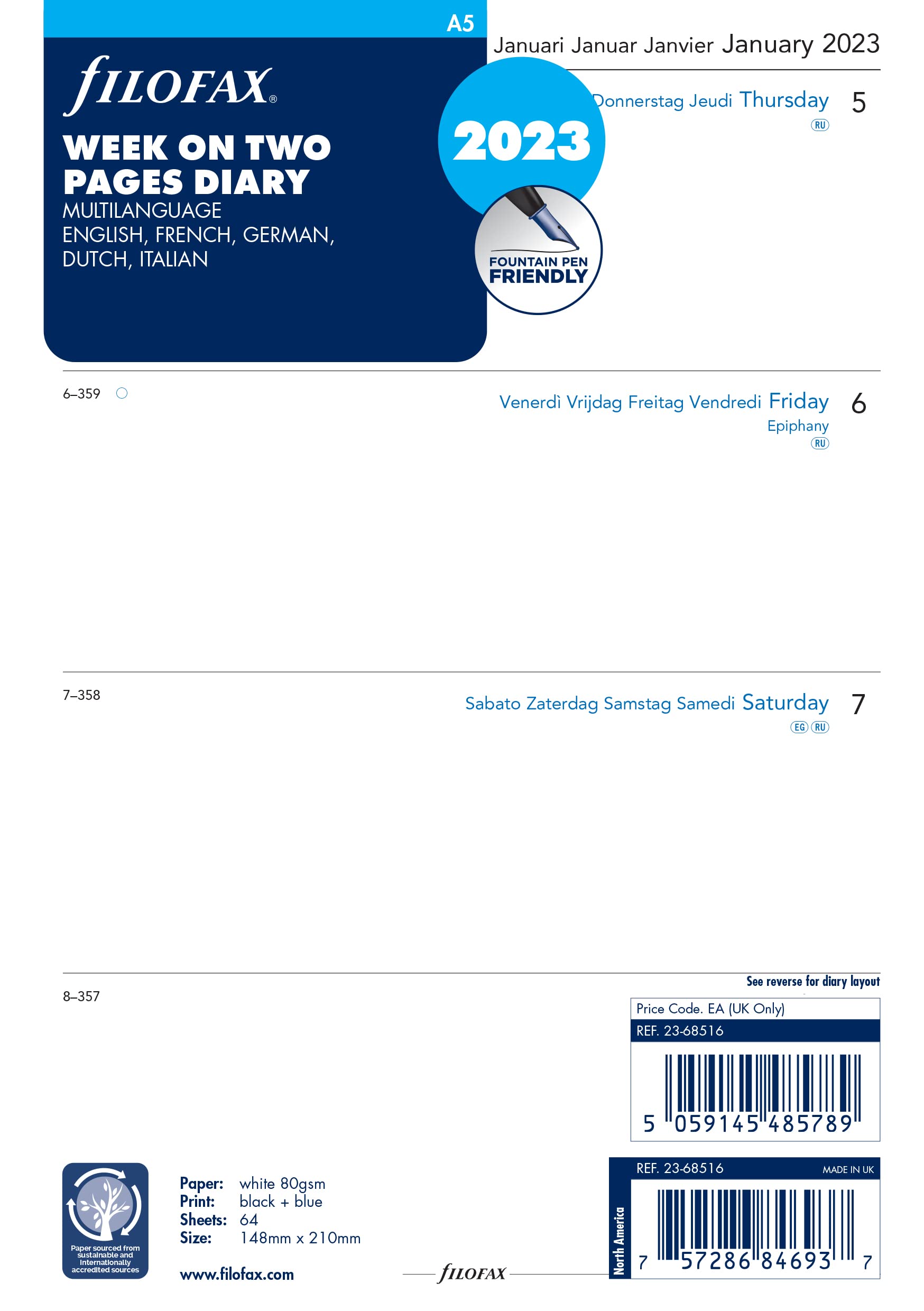 Filofax A5 week on two pages 5 language 2023 diary, White (23-68516)