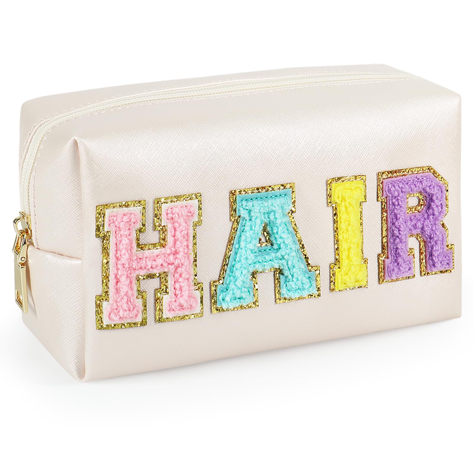 GINOYA Letter Cosmetic Bag, Synthetic Leather Patch Makeup Bag with Hair Chenille Letter for Purse Diaper Bag Travel