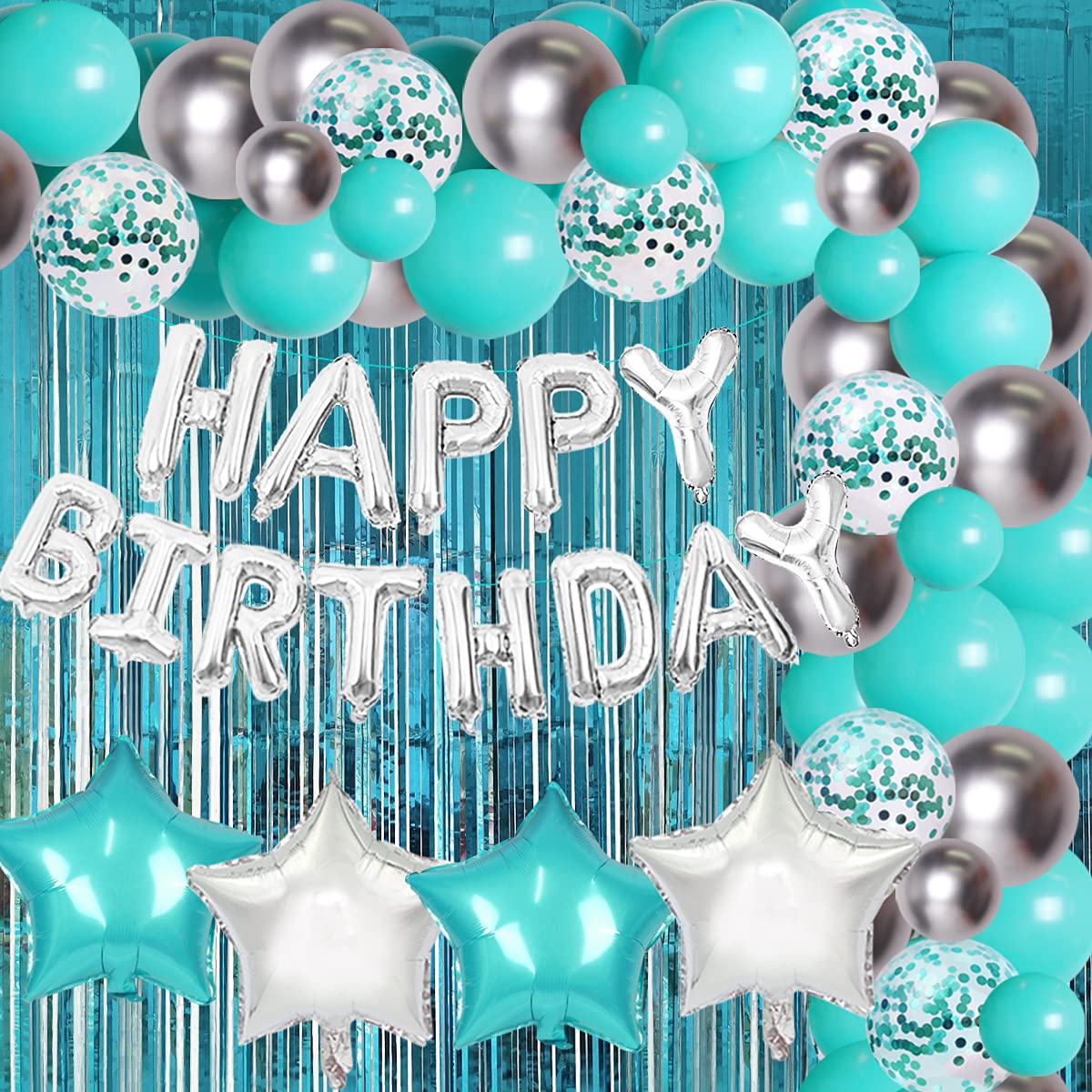 Fangleland Teal Blue Birthday Decorations Set with Happy Birthday Balloons Banner Turquoise Blue and Silver Balloons Curtain for Teal 30th 40th 50th Bady Baby Shower