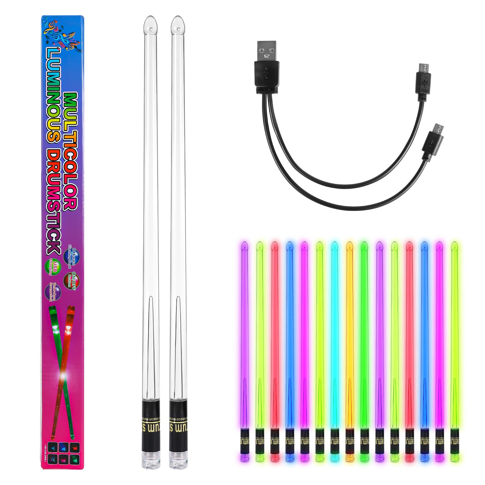 A Pair of LED Drum Sticks, PC Polymer Material Rechargeable Color-Changing Light Up Drumsticks Cool LED Light Up Drumsticks with Storage Bag for Adults Drummers (15 Colors)