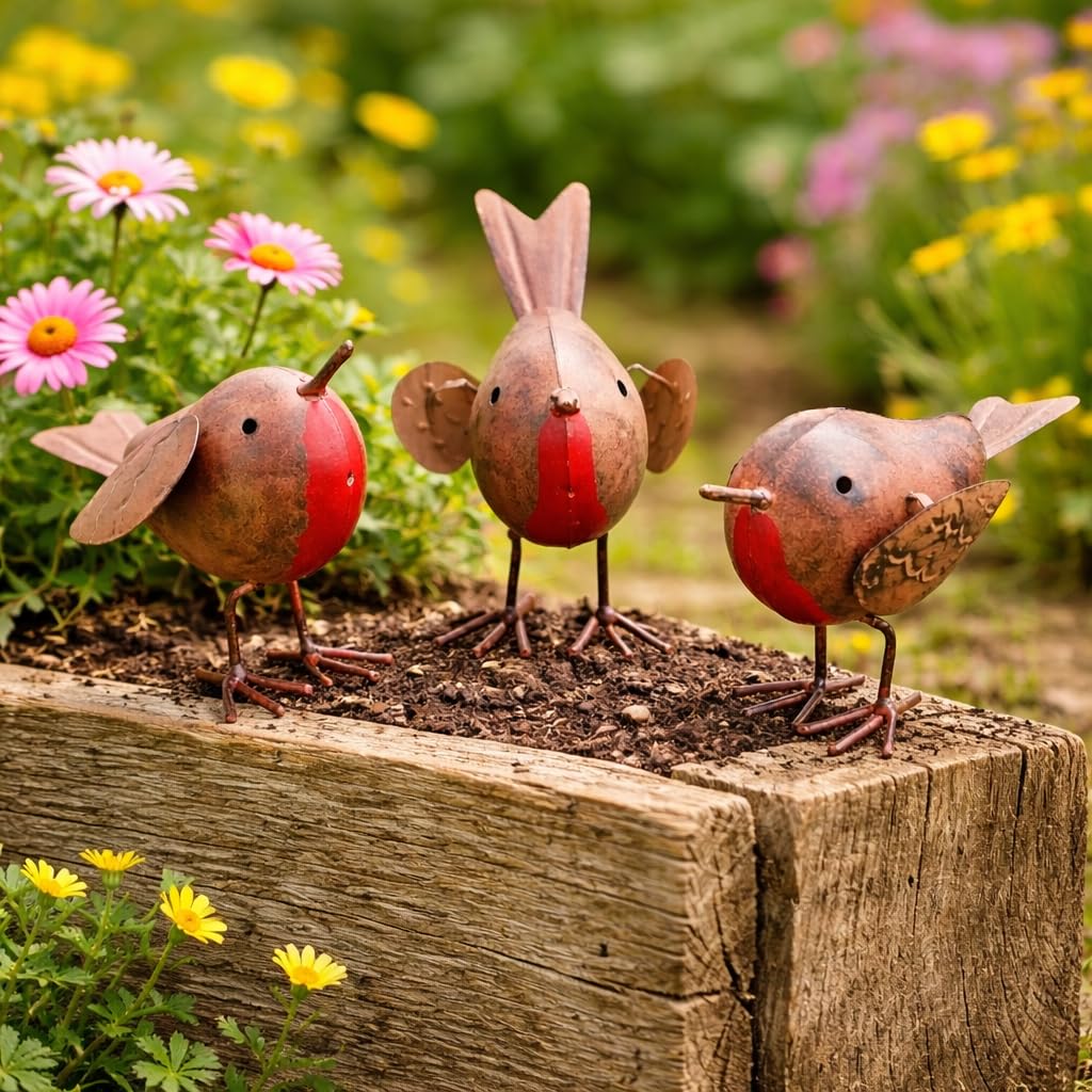 HomeZone Garden Mile Set of 4 Metal Robin Garden Ornaments – 10cm Weather Resistant Red Breast Bird Decorations – Outdoor Metal Garden Birds for Lawn, Patio, Flower Beds, Planters & Balcony Decor