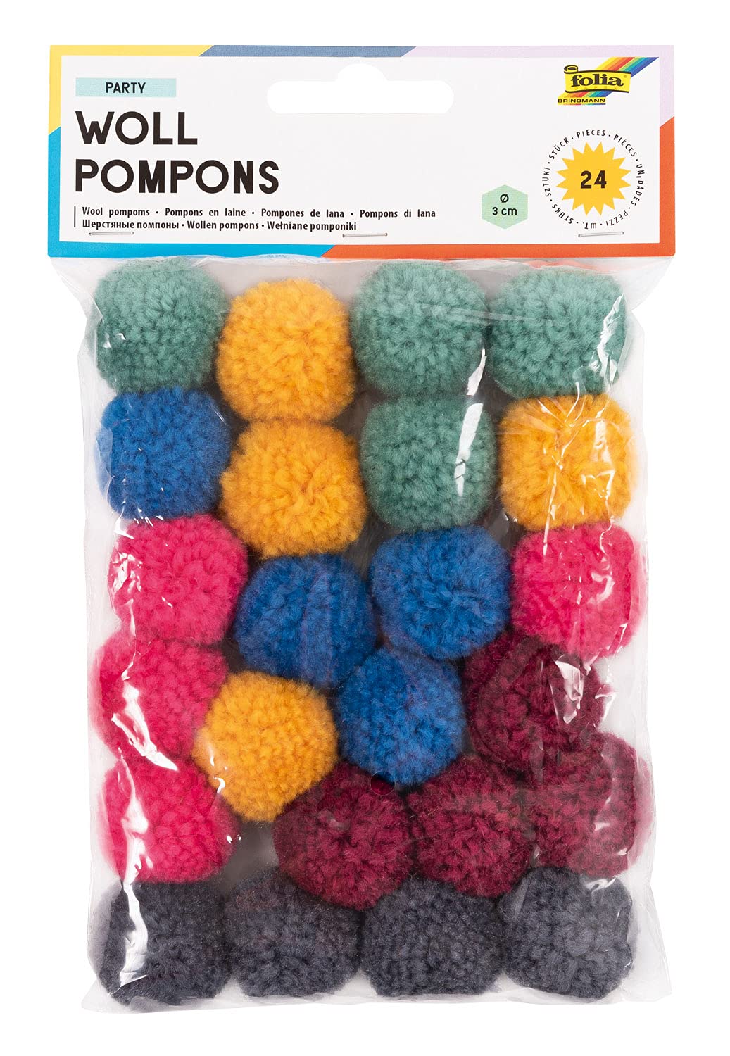 folia 50241 Wool Pom Poms Party Pack of 24 Assorted in 6 Colours Approx 3cm Diameter Ideal for Colourful Crafts (Multi-Colour) — image 1