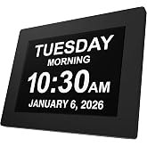 American Lifetime 8" Digital Alarm Clock for Seniors, Dementia Clock, Black | 2026 model large display day clock with large numbers - easy to read day of the week, date and time for elderly, on a wall