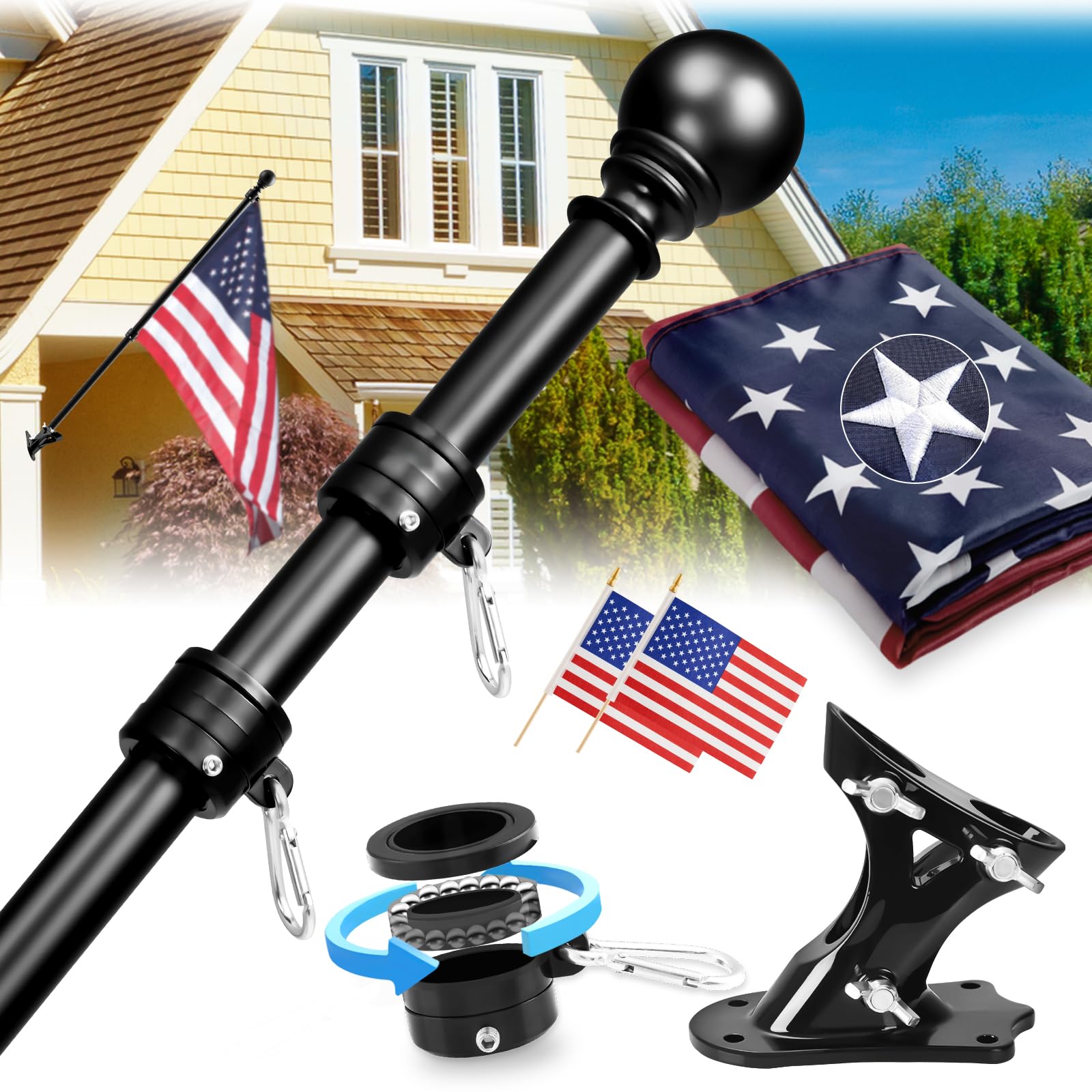 Black Flag Pole for House- 5ft Tangle Free Flag Pole kit with 3x5 ...