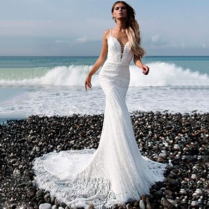 Halohu Floor Length Wedding Dress Romantic Lace Spaghetti Straps Neck Backless Mermaid Wedding Dress With Pearls Sexy Open Back Bride Off White 10 Amazon De Sport Freizeit
