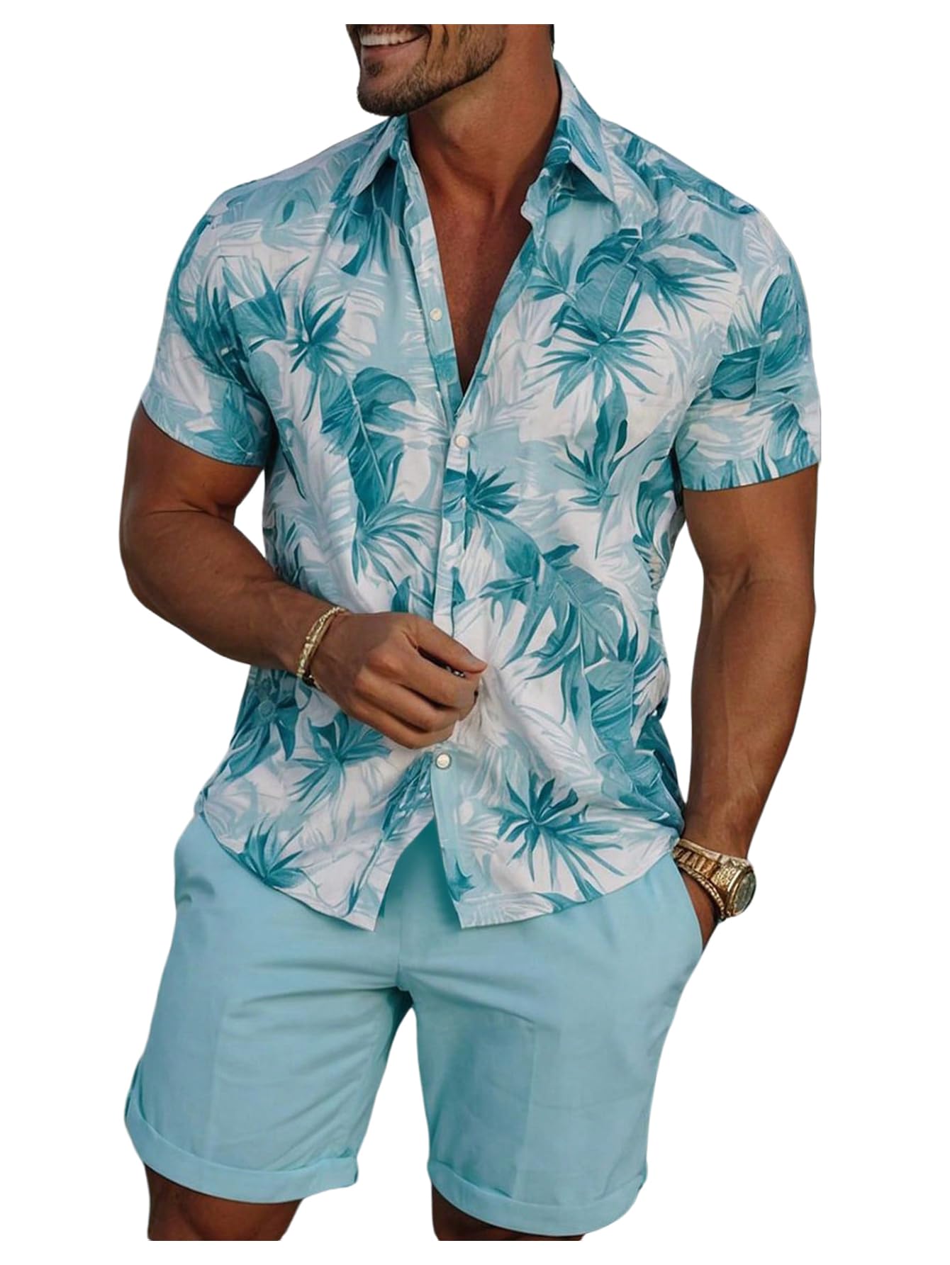 Photo 1 of **ONLY SHORTS** GORGLITTER Men's 2 Piece Vacation Beach Outfits Floral Button Down Shirt and Shorts Cruise Attire Sets Mint Blue Small