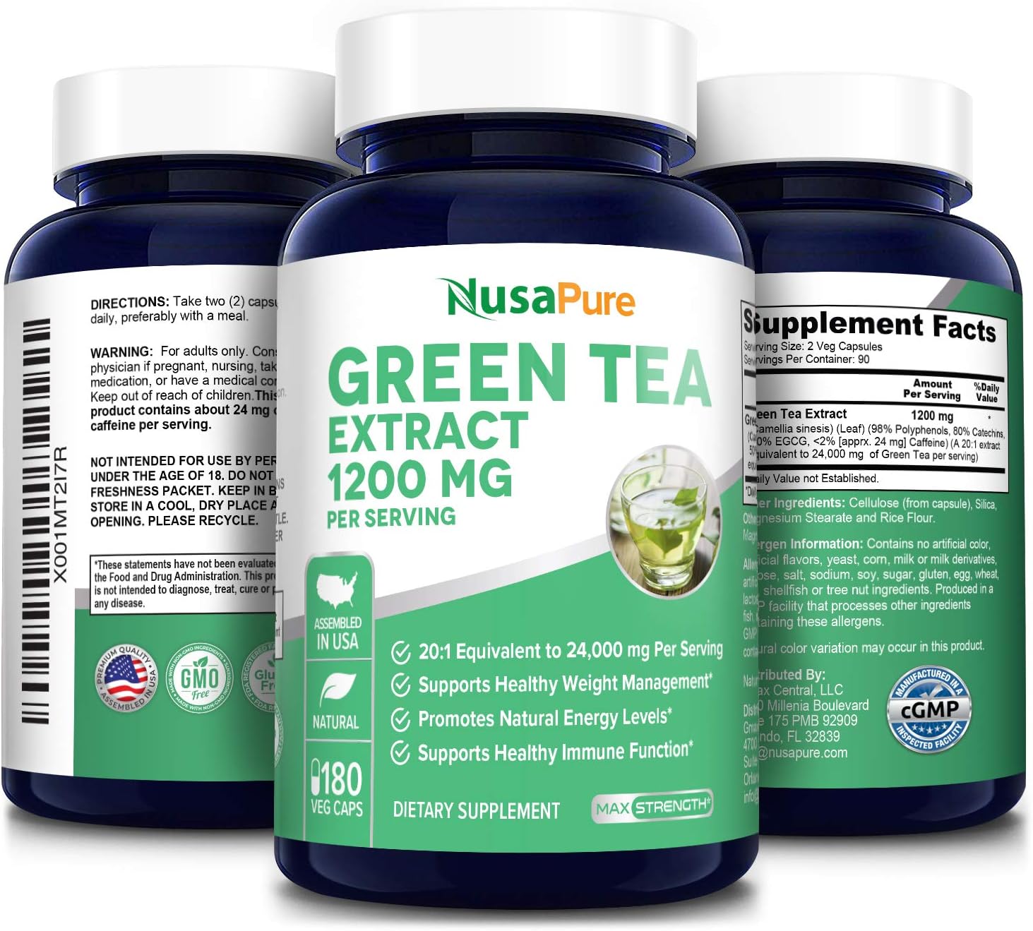 Green Tea Extract 98% 1200mg with EGCG 180 Vegetarian Capsules (Non-GMO & Gluten Free) Extract 20:1 Equivalent to 24000mg Green Tea Per Serving - Max Potency - Support Weight Loss & Metabolism Boost: Health & Personal Care